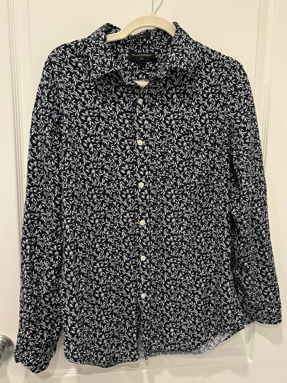 Banana Republic 100% Linen Navy Button-Down Shirt with White Leaf Print